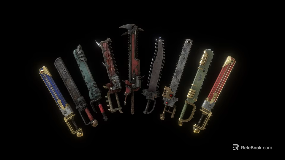 Various Designed Weapons With Different Colors Arranged On Black Background 3d model 