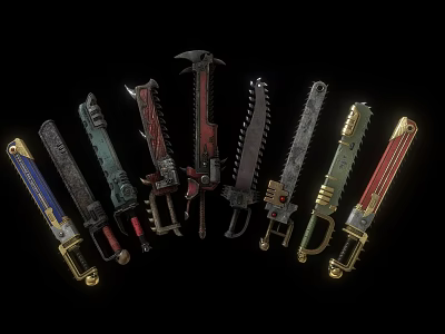 Various Designed Weapons With Different Colors Arranged On Black Background 3d model