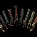 Various Designed Weapons With Different Colors Arranged On Black Background