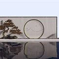 Traditional Chinese Garden Wall with Circular Mountain Pattern Pine Tree and Water Reflection 3d model