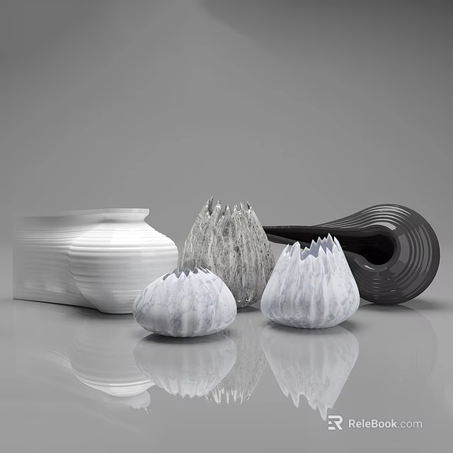Modern Decorative Ornament Set With White Grey Black Textured Ceramic Sculptures 3d model 