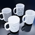Modern White Ceramic Mugs With Wavy Dotted And Geometric Patterns On Dark Background