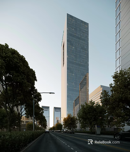 Modern High Rise Office Building With Glass Facade And Urban Green Surroundings 3d model 