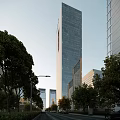 Modern High Rise Office Building With Glass Facade And Urban Green Surroundings