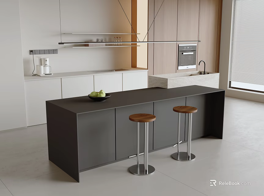 Modern Bar Counter Interior Design With Black Surface Metal Stools And White Cabinets 3d model
