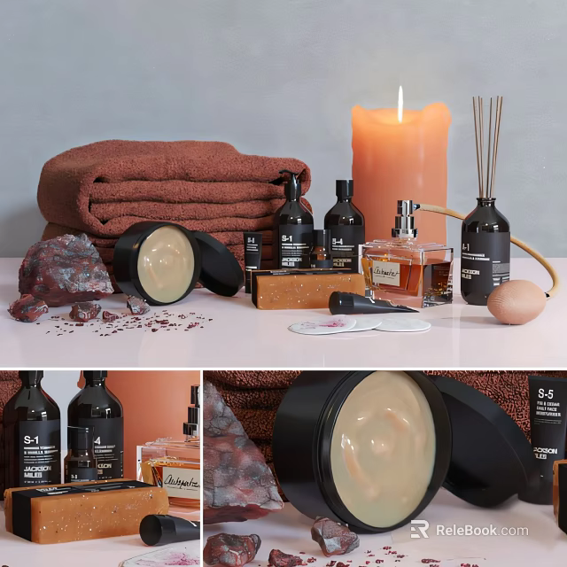 Stylish Decorative Ornament Set With Brown Towel Candle Perfume Bottles Cream Jar And Decorative Stones 3d model 