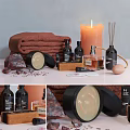 Stylish Decorative Ornament Set With Brown Towel Candle Perfume Bottles Cream Jar And Decorative Stones