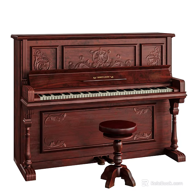 Elegant Dark Wood Piano With Intricate Carved Designs And Matching Stool 3d model 