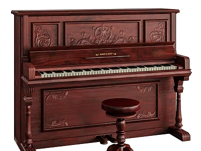 Elegant Dark Wood Piano With Intricate Carved Designs And Matching Stool 3d model