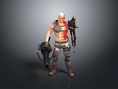 Bald Warrior Character With Red Tattoos Mechanical Arm Large Weapon And Tattered Combat Outfit 3d model