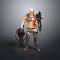 Bald Warrior Character With Red Tattoos Mechanical Arm Large Weapon And Tattered Combat Outfit
