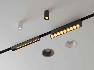 Modern Recessed Downlights and Strip Spotlights on Ceiling with Warm Illumination and Black White Design 3d model