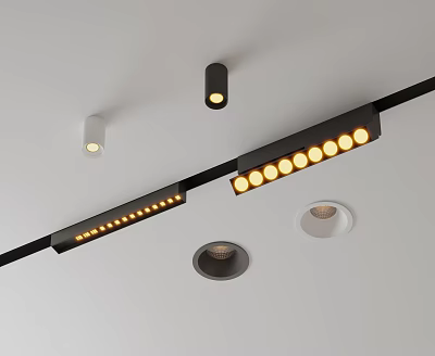 Modern Recessed Downlights and Strip Spotlights on Ceiling with Warm Illumination and Black White Design 3d model