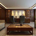 Elegant Modern Office With Wooden Cabinets Desk Computer Sofa Decorative Painting And Green Plant
