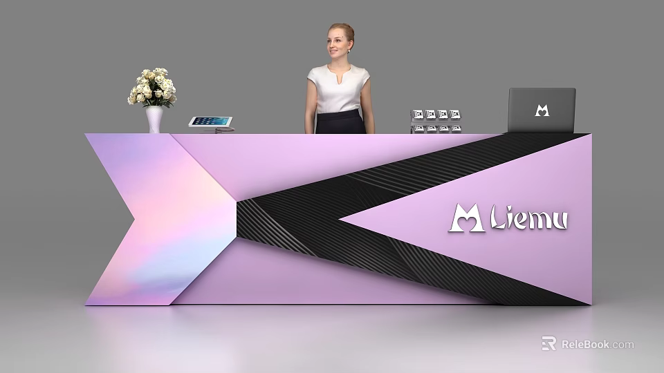 Modern Purple And Black Reception Desk With Lienu Logo Flower Vase Tablet And Female Receptionist 3d model 