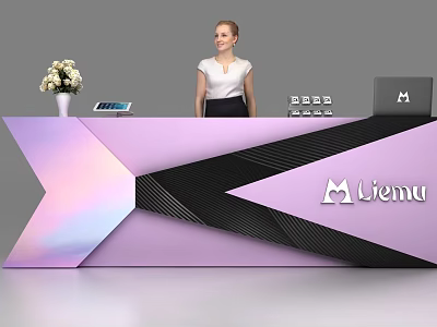 Modern Purple And Black Reception Desk With Lienu Logo Flower Vase Tablet And Female Receptionist 3d model