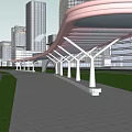 Elegant Modern Pergola with Illuminated Canopy Cherry Blossom Trees and High Rise Buildings