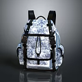 Stylish Blue And White Patterned Backpack With Black Straps And Multiple Pockets 3d model