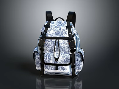 Stylish Blue And White Patterned Backpack With Black Straps And Multiple Pockets 3d model