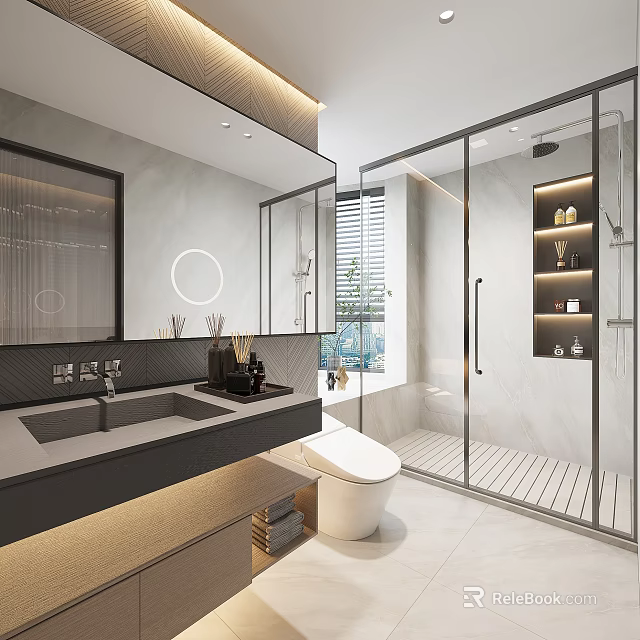 Modern Bathroom Interior With Glass Shower Enclosure Double Vanity Round Mirror And Marble Walls 3d model 