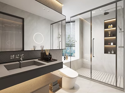 Modern Bathroom Interior With Glass Shower Enclosure Double Vanity Round Mirror And Marble Walls 3d model