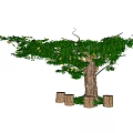 Arbor with Lush Green Foliage Thick Trunk and Four Stump Stools 3d model