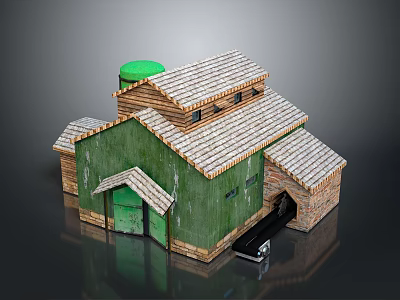 Green Roof Brick Toy House With Garage Door Small Car And Green Walls 3d model
