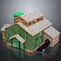Green Roof Brick Toy House With Garage Door Small Car And Green Walls