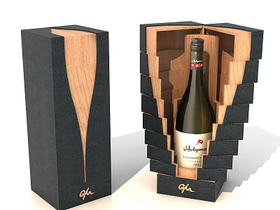 Elegant Wine Bottle And Wine Glass In Wooden Storage Display Box Case 3d model