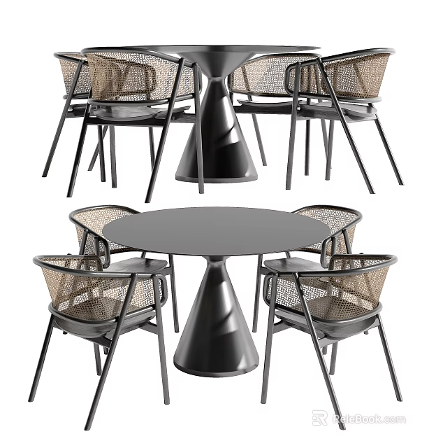 Modern Round Dining Table Set With Rattan Chairs And Unique Conical Base 3d model 