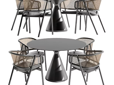 Modern Round Dining Table Set With Rattan Chairs And Unique Conical Base 3d model