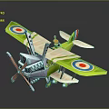 Green Biplane with Red and Blue Target Symbols Propeller and Yellow Figure Piloting