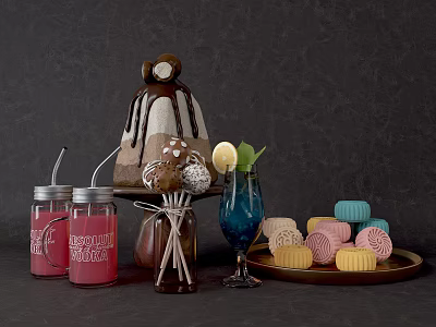 Assorted Desserts With Chocolate Lava Cake Lollipop Treats Colorful Pastries Red Drinks And Blue Cocktail 3d model