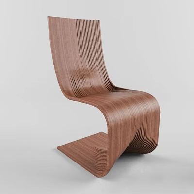 Modern Wooden Chair With Curved Lines And Layered Wooden Slats Design 3d model