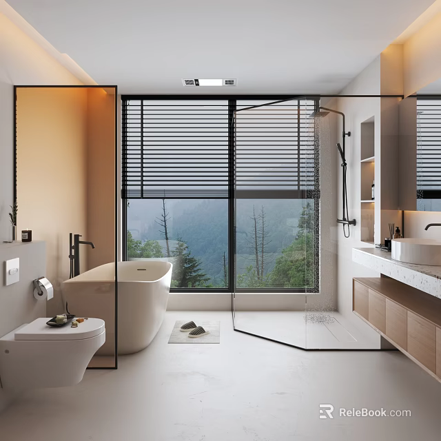 Modern Bathroom Interior With Freestanding Bathtub Glass Shower And Mountain View Window Blinds 3d model 
