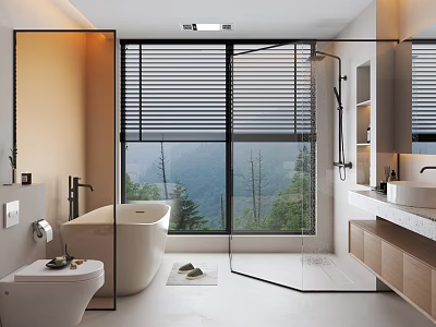 Modern Bathroom Interior With Freestanding Bathtub Glass Shower And Mountain View Window Blinds 3d model