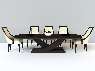 Stylish Dark Brown Oval Dining Table Set With Six Beige Upholstered Chairs And Crossed Base 3d model