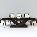 Stylish Dark Brown Oval Dining Table Set With Six Beige Upholstered Chairs And Crossed Base