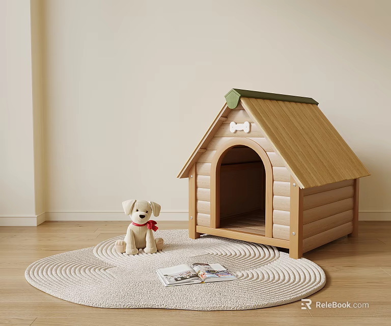 Wooden Dog House with Green Roof and Stuffed Toy on Round Rug with Magazines 3d model 