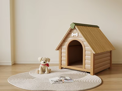 Wooden Dog House with Green Roof and Stuffed Toy on Round Rug with Magazines 3d model