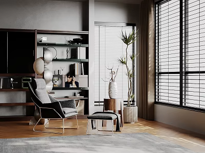 Stylish Accent Chair In Modern Interior With Dark Bookshelf Plant And Blinds 3d model