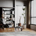 Stylish Accent Chair In Modern Interior With Dark Bookshelf Plant And Blinds