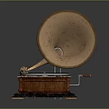 Vintage Phonograph With Brass Horn Wooden Base And Turntable