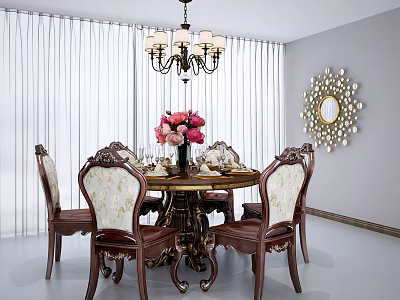 Classic Round Dining Table Set With Carved Chairs Vintage Chandelier And Circular Decorative Mirror 3d model