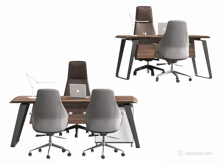 Modern Office Desk and Chair Set with Wooden Desktop Gray Swivel Chairs and Metal Legs 3d model 