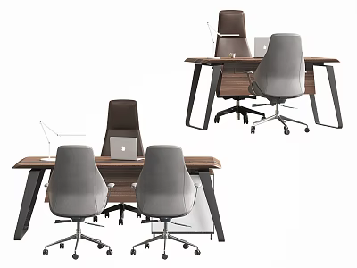 Modern Office Desk and Chair Set with Wooden Desktop Gray Swivel Chairs and Metal Legs 3d model