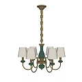 Elegant Brass Chandelier With Green Ceramic Accents And White Lampshades Design