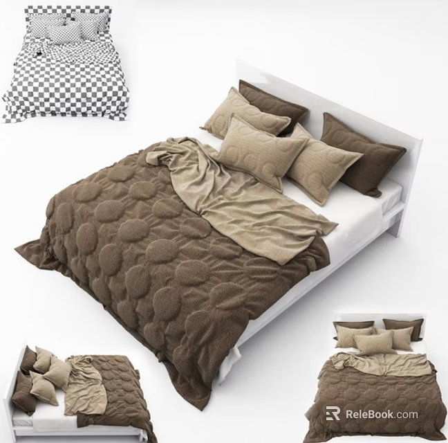 Double Bed With White Frame And Brown Beige Bedding Including Polka Dot Quilt And Pillows 3d model 
