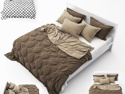 Double Bed With White Frame And Brown Beige Bedding Including Polka Dot Quilt And Pillows 3d model