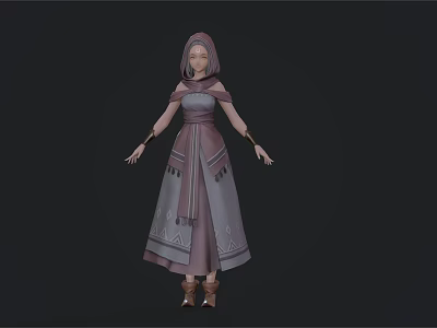 Stylized 3D Character Design In Hooded Purple Grey Dress With Decorative Patterns And Brown Shoes 3d model